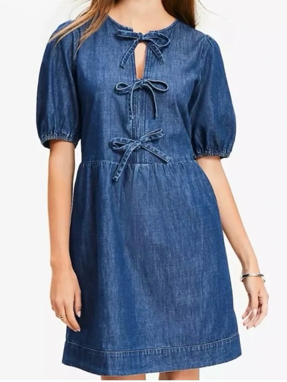 Loft Denim Tie-Front Puff Sleeve Dress Size XSP